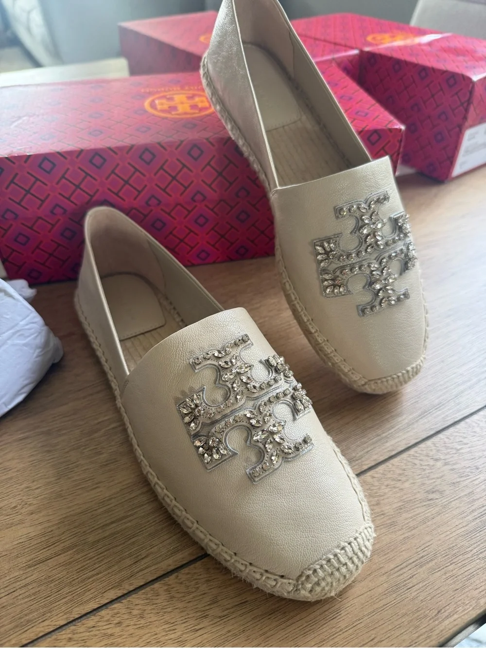 Tory Burch Beige Leather Espadrille Flats with Crystal Logo